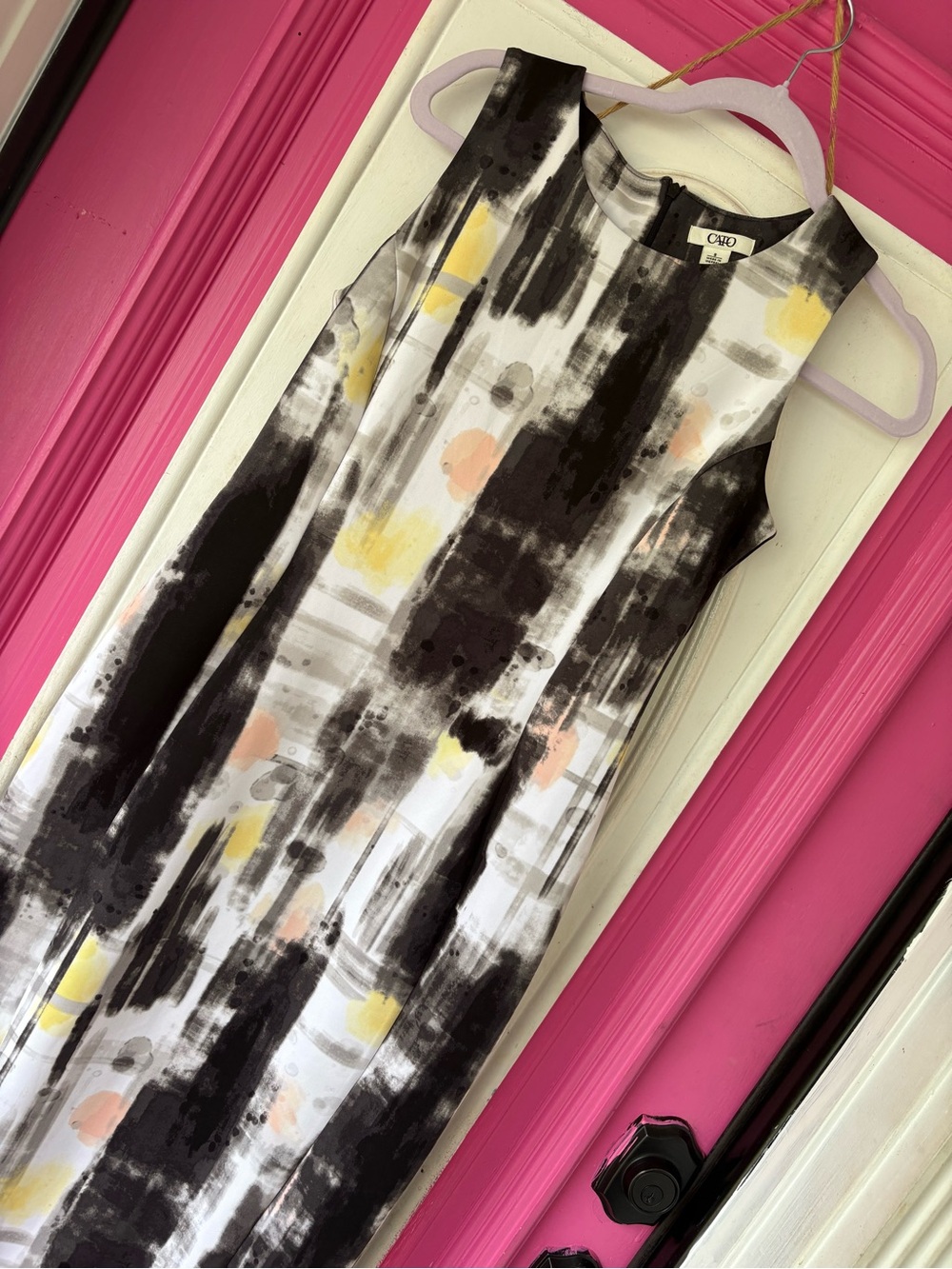 Cato Black & White Abstract Brushstroke Midi Dress with Yellow & Blush Accents